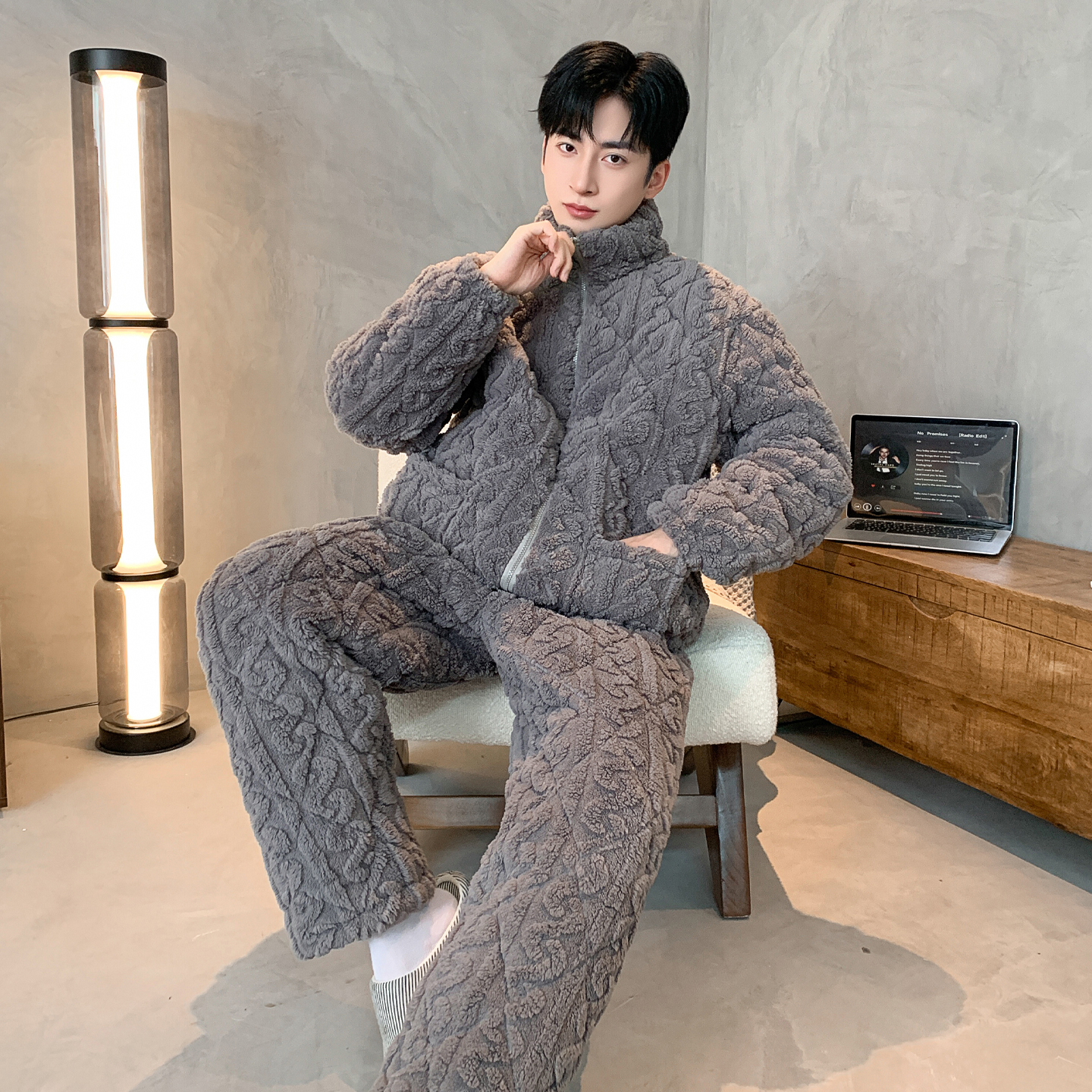男士秋冬季加绒家居服