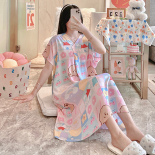 家居服夏天女士 睡衣胖MM绵绸连衣裙加大码 棉绸睡裙长款 人造棉短袖