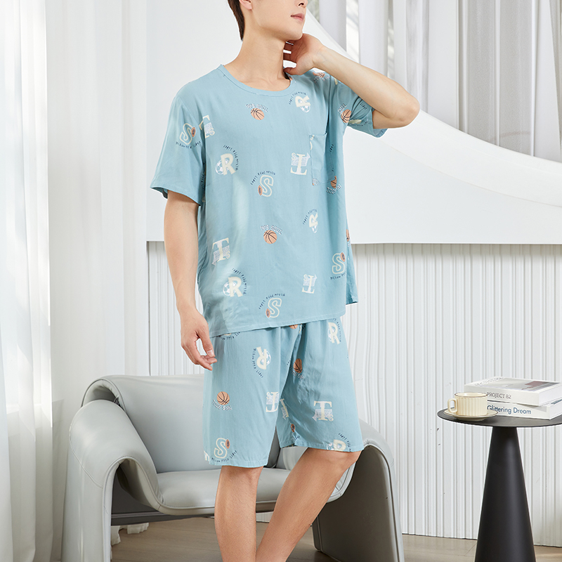 棉绸睡衣男款夏季凉感薄款短袖