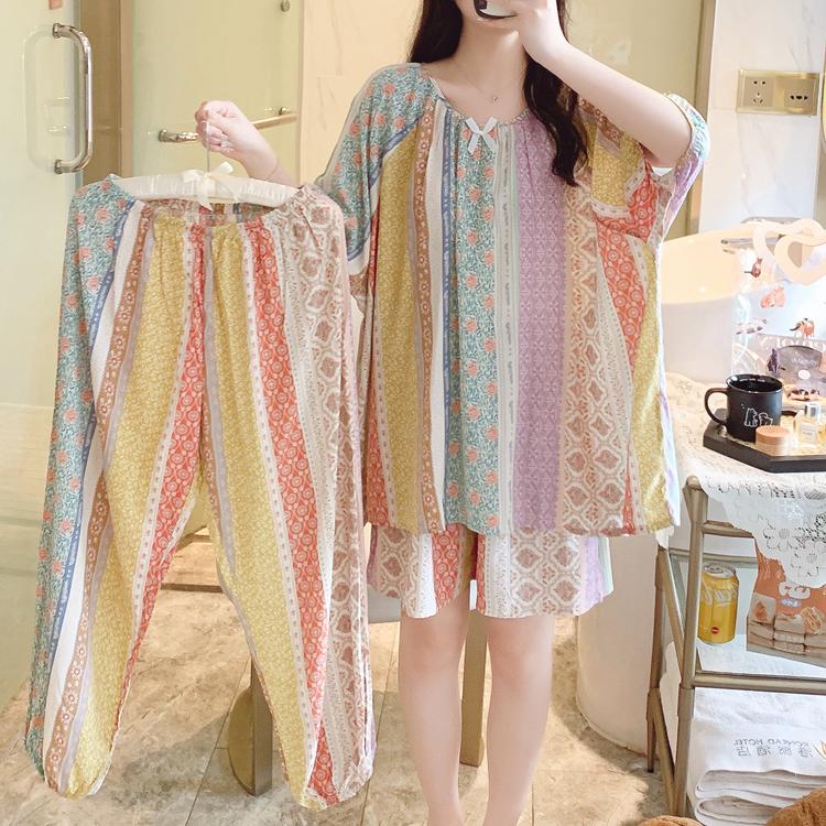 新款棉绸睡衣女夏季三件套