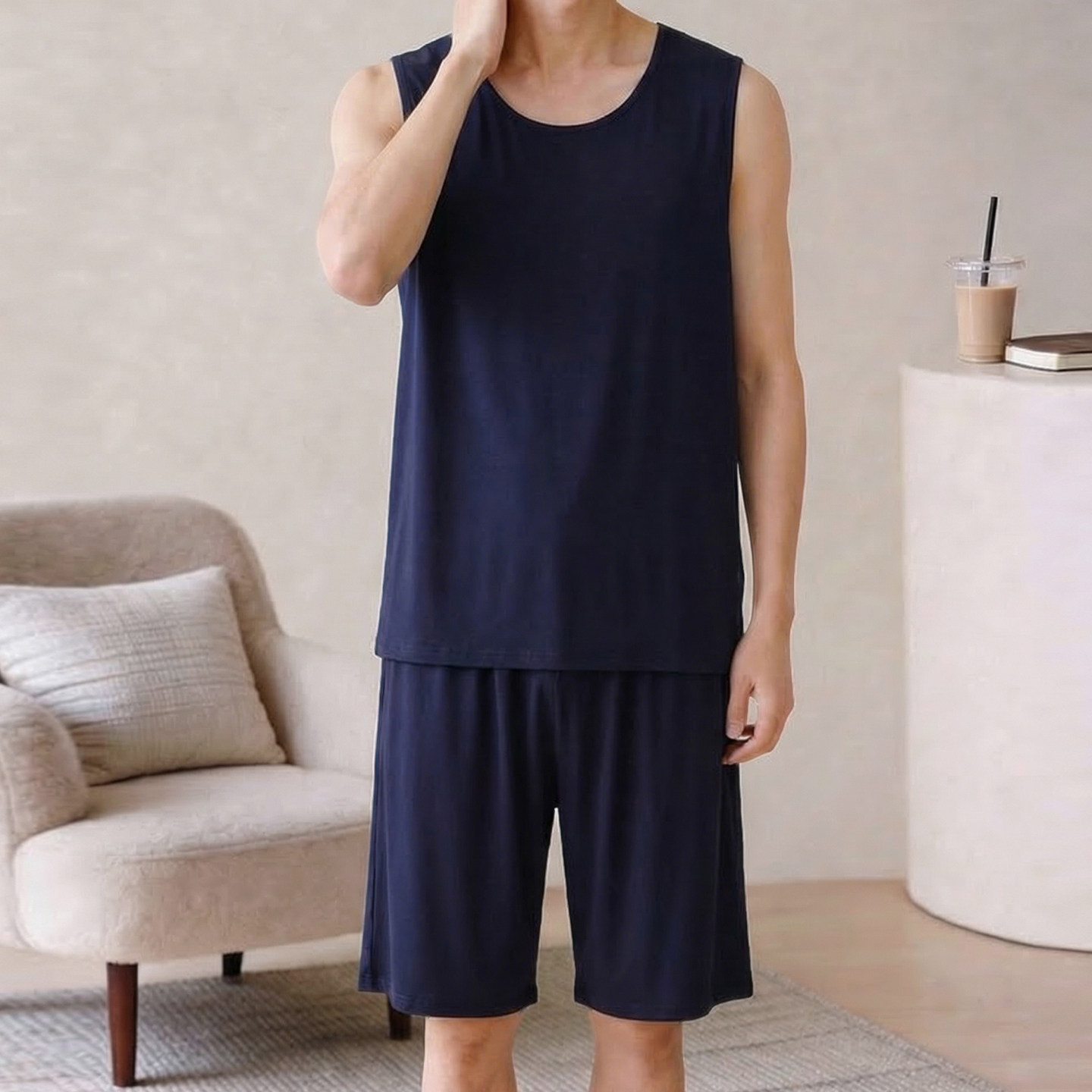 夏季棉绸睡衣男无袖背心短裤套装图片