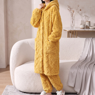 2026新款珊瑚绒睡衣女款秋冬季天中长款法兰绒加厚加绒家居服套装