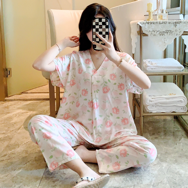 棉绸短袖长裤睡衣女士