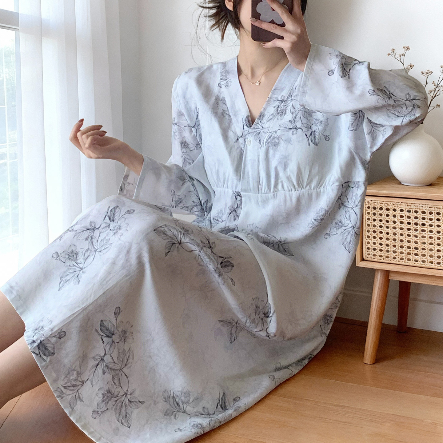 2026新款棉绸睡裙女夏季薄款长袖中长款女士款人造棉连衣裙可外穿