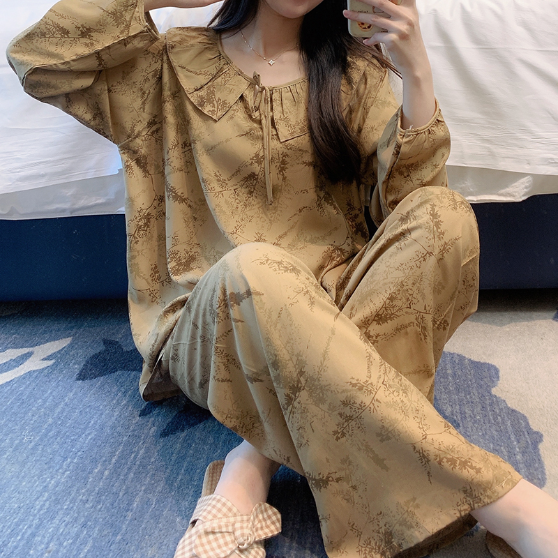 水墨印花棉绸女士睡衣长袖可外穿