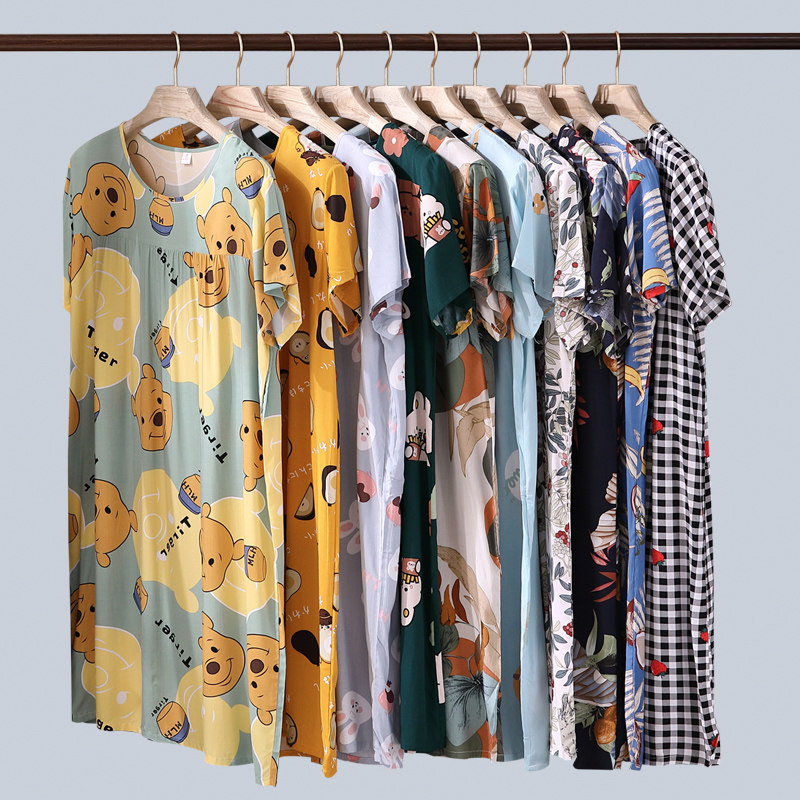 棉绸睡裙女士连衣裙夏季人造绵绸加大码孕妇短袖宽松外穿薄款睡衣