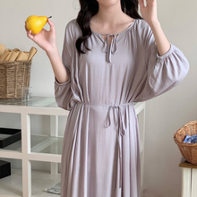 长袖棉绸睡裙女夏薄款连衣裙睡衣家居服加大码胖MM学生纯色绵绸裙