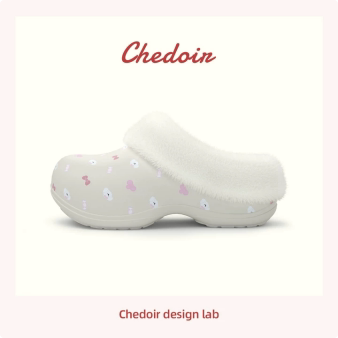 chedoir猜岛小蛮腰高足弓加绒洞洞鞋女款冬天外穿厚底防水棉拖鞋