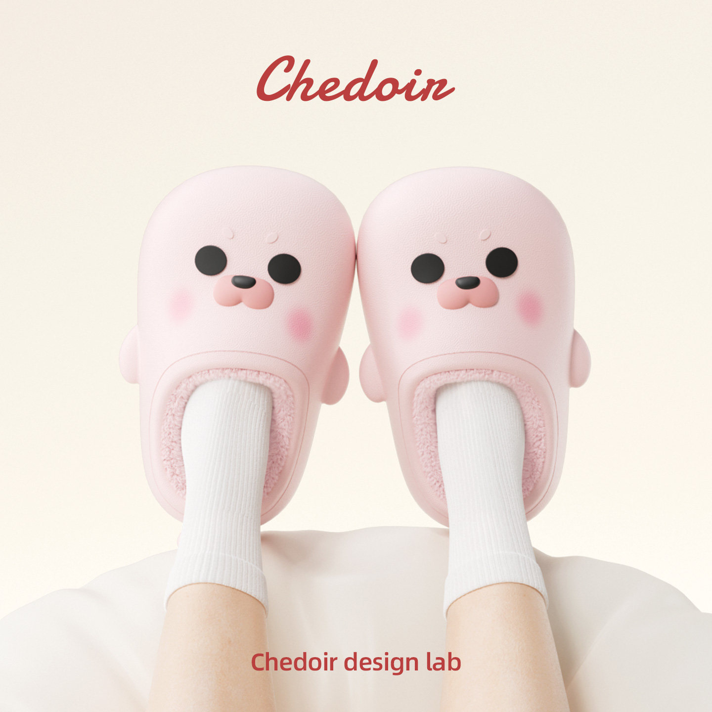 chedoir防水海豹足弓支撑加绒洞洞鞋女款冬季耐脏防滑卡通棉拖鞋