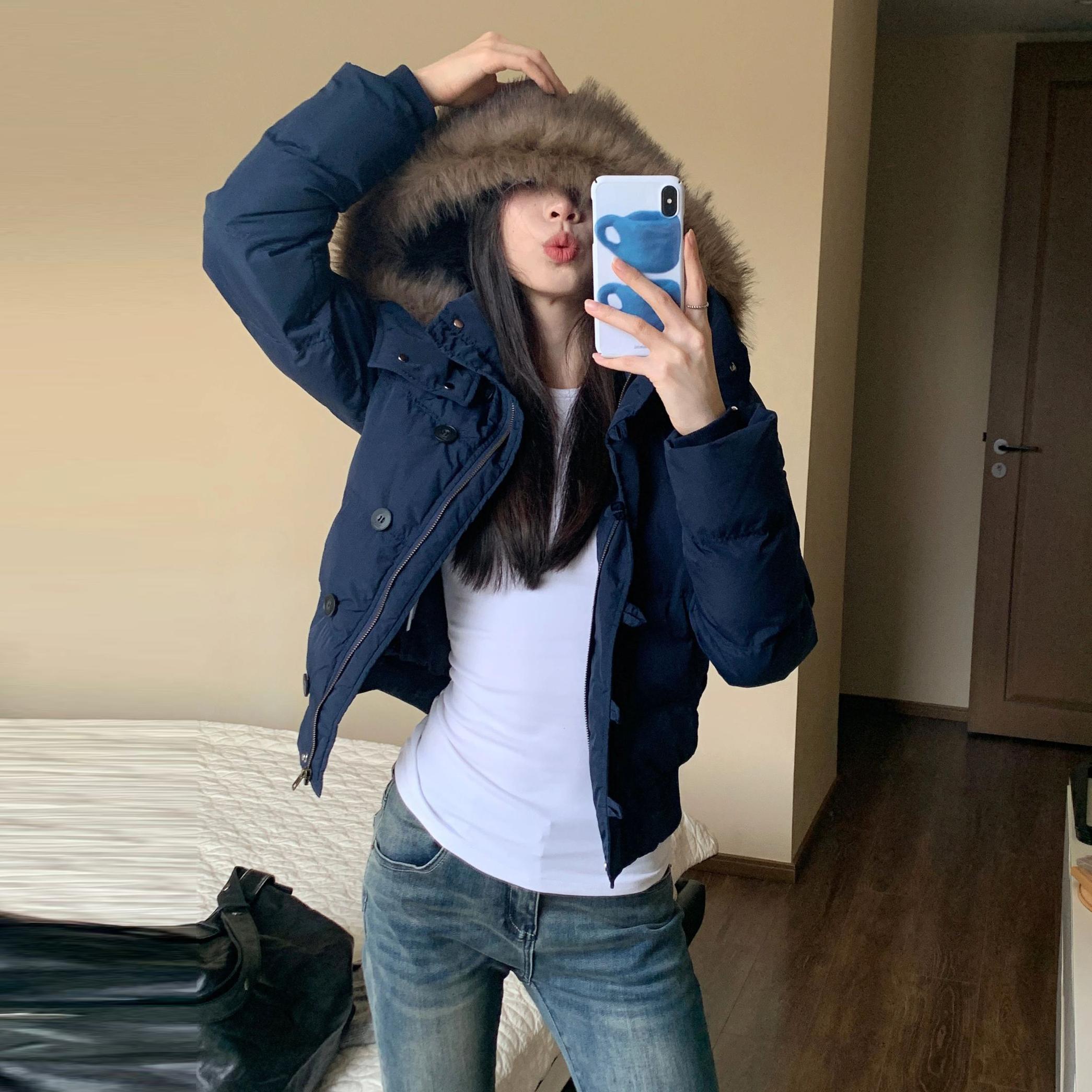 冬季百搭藏青色连帽毛领短款棉衣棉袄女新款保暖加厚羽绒棉服外套