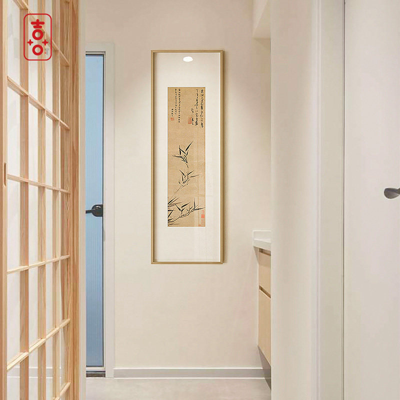 新中国风入口背景墙装饰画茶室书房过道竖条中国画竹木实木壁画