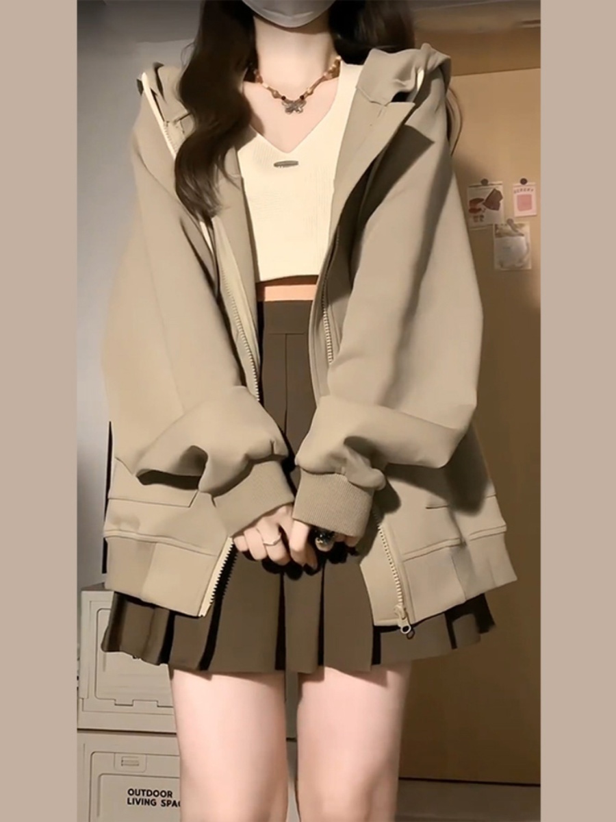 美式覆古连帽卫衣百褶裙两件套学院风jk制服套装奶呼呼穿搭一整套