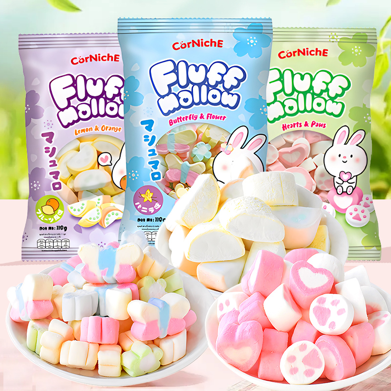 菲律宾进口香草味蝶恋花形棉花糖猫爪心形棉花糖118g