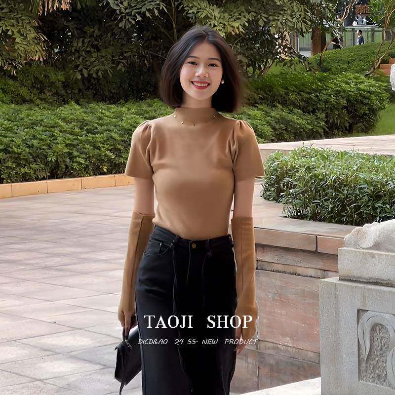 KATTERLLG黑色半高领带袖套毛衣女秋冬新款设计感小众修身短款内
