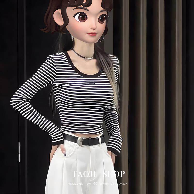 KATTERLLG韩版黑白条纹长袖T恤女2024秋冬新款修身显瘦短款内搭打