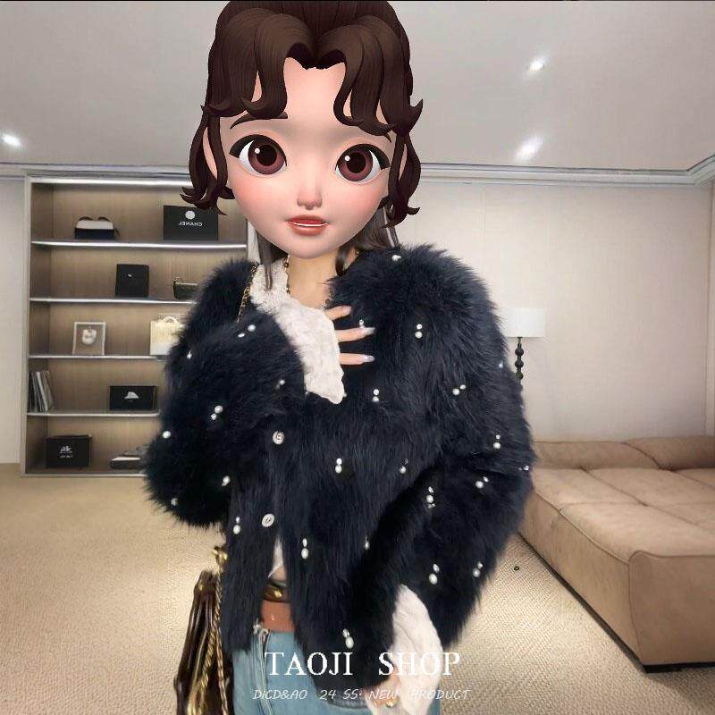KATTERLLG法式复古气质V领水貂绒针织开衫女秋冬新款名媛加厚短款