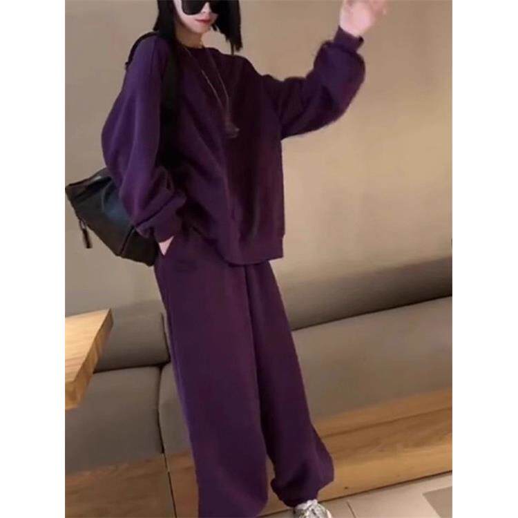 ROUMIKL高级感纯秋冬卫衣套装女休闲炸街紫色裤子加绒运动服两件