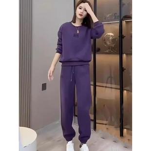 ROUMIKL圆领紫色纯卫衣运动套装女秋冬加绒加厚休闲2025新款时尚
