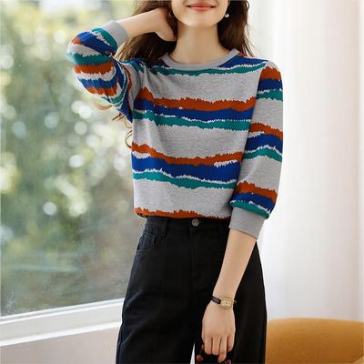 ROUMIKL欧货洋气条纹长袖t恤女2025新款宽松套头卫衣女士秋季外套