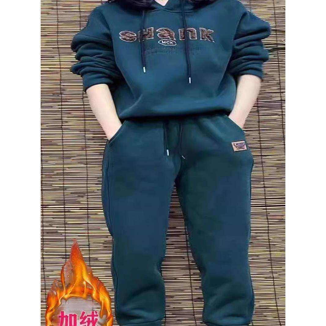 ROUMIKL秋冬新款加绒加厚连帽卫衣套装女小个子洋气减龄休闲运动