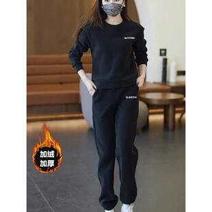 ROUMIKL纯加绒加厚运动套装女秋冬装2026新款圆领套头卫衣休闲服