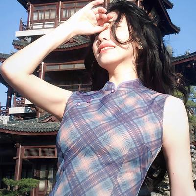 RIERA新中式淡紫色格纹气质无袖旗袍显瘦连衣裙女夏