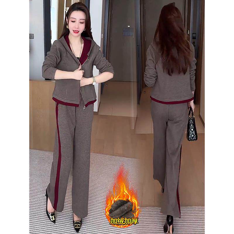 ROUMIKL纯休闲运动服套装女2025秋冬装新款加绒连帽保暖外套时尚