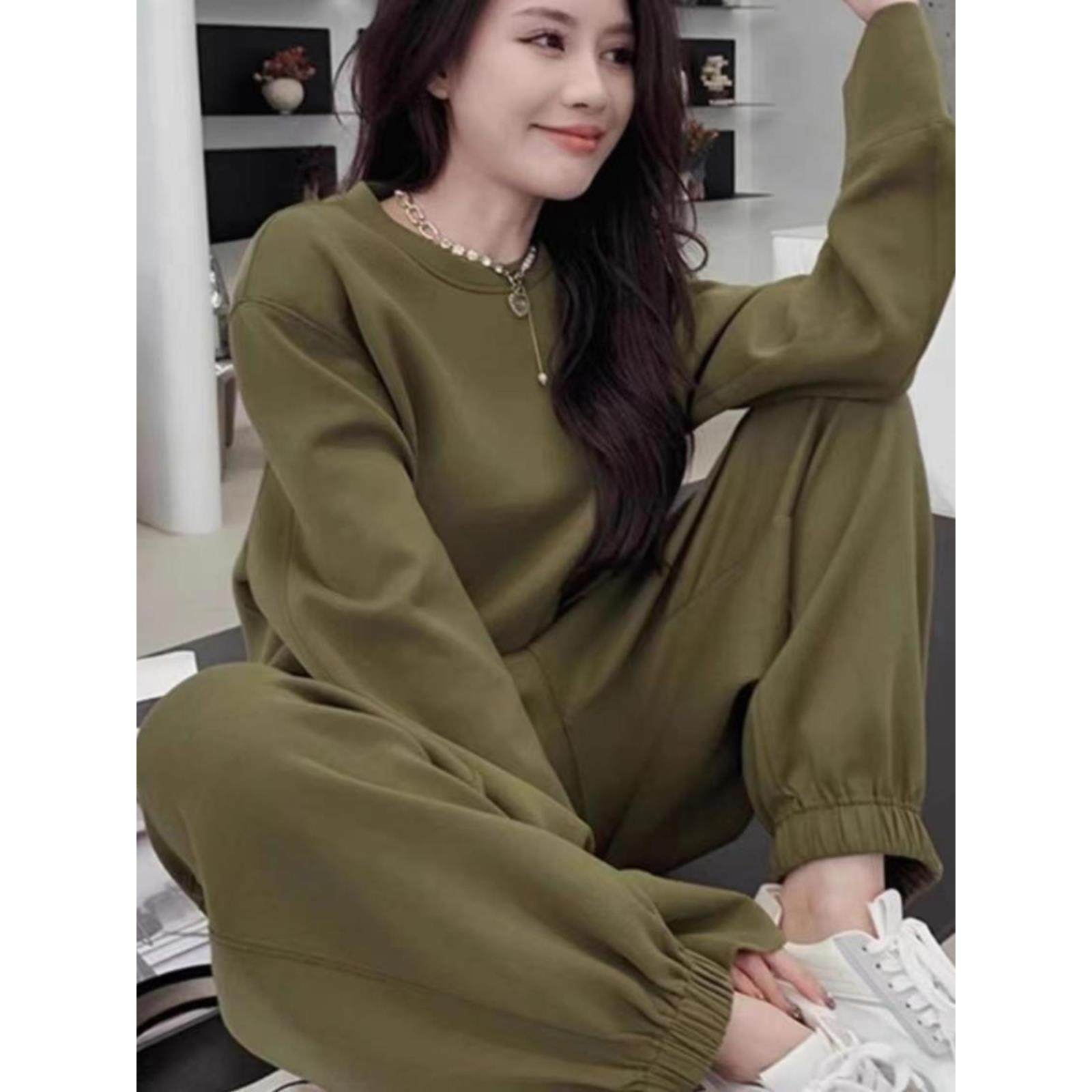 ROUMIKL纯运动套装女秋冬装加绒加厚新款韩版休闲圆领卫衣束脚裤