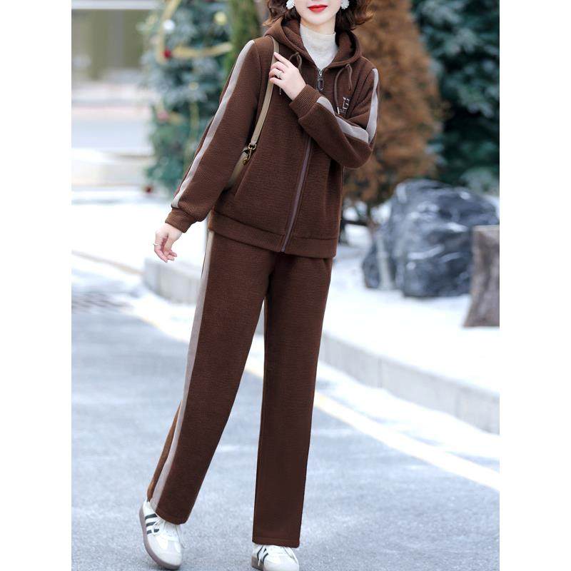 ROUMIKL妈妈秋冬季时尚运动套装女士中老年加厚加绒连帽运动服保