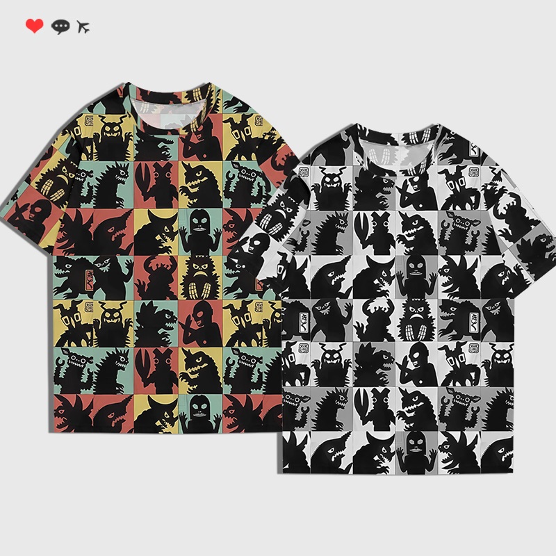 哥斯拉怪兽剪影短袖T恤男女动漫个性全彩3D上衣潮牌休闲宽松衣服