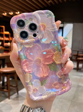适用苹果14promax手机壳新款iPhone13pro蓝光油画花ip12春季11小清新por高级软硅胶套14plus情侣女pm全包防摔