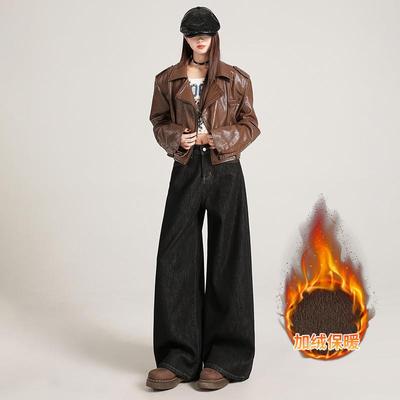 黑金色阔腿牛仔裤女加绒2025新款秋冬小个子宽松直筒裤子加厚百搭