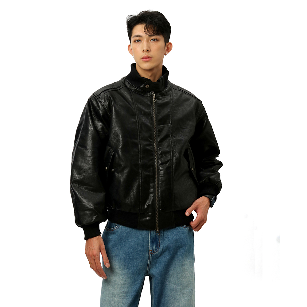 bomber加绒高领皮衣短宽版型夹克