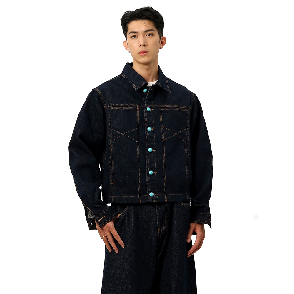 芸感丹宁牛仔原牛外套绿松石压线做旧情侣夹克正肩短宽松夹克潮流