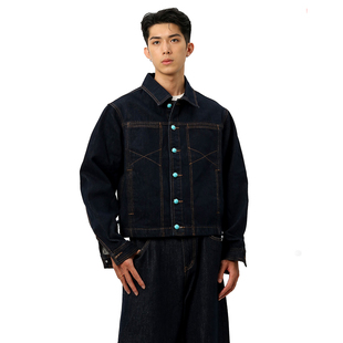 芸感丹宁牛仔原牛外套绿松石压线做旧情侣夹克正肩短宽松夹克潮流