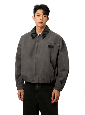 自主AC风格25秋冬巴恩风格纯棉皮领夹克boxy版型拉链休闲外套上衣