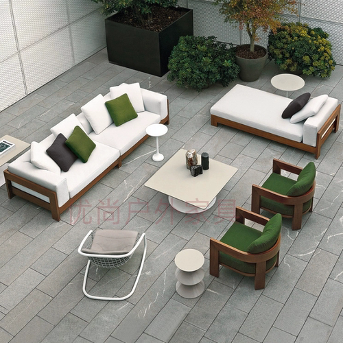 北欧露天实木沙发茶几组合户外柚木双人转角沙发创意酒店贵妃藤编