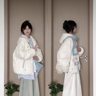 白色连帽独特超好看棉服女款2025新款冬季洋气独特漂亮小棉袄外套