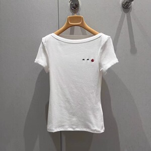25春夏新品miu系减龄风字母刺绣联名帆船图案刺绣修身花边短袖t恤