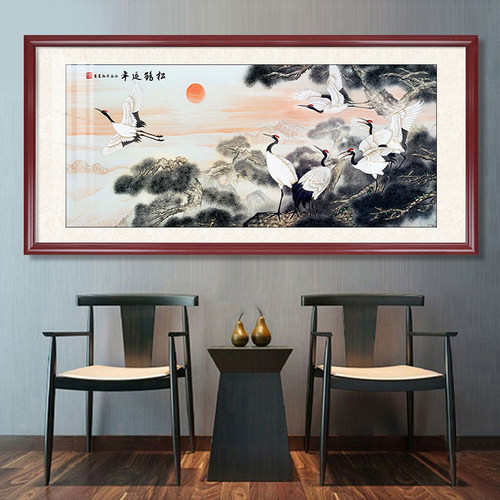 松鹤延年贺寿迎客松客厅背景墙