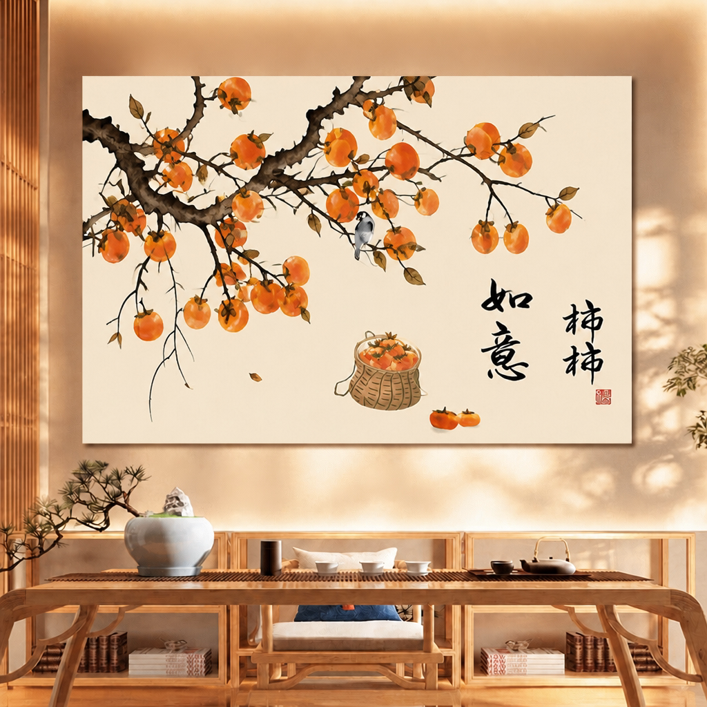 新中式柿柿如意自粘装饰画