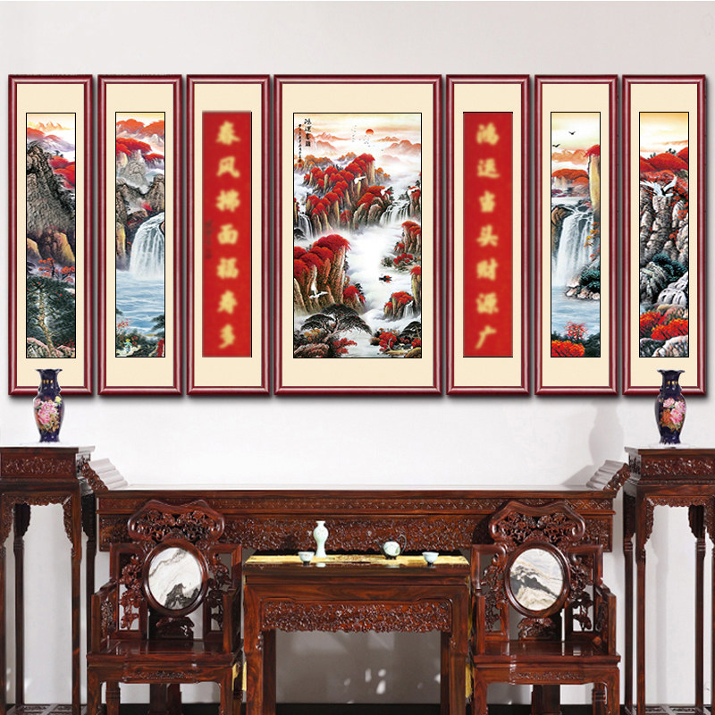 浙江手工装裱中堂画 客厅大气山水中堂画 七联国画中堂装饰 实木