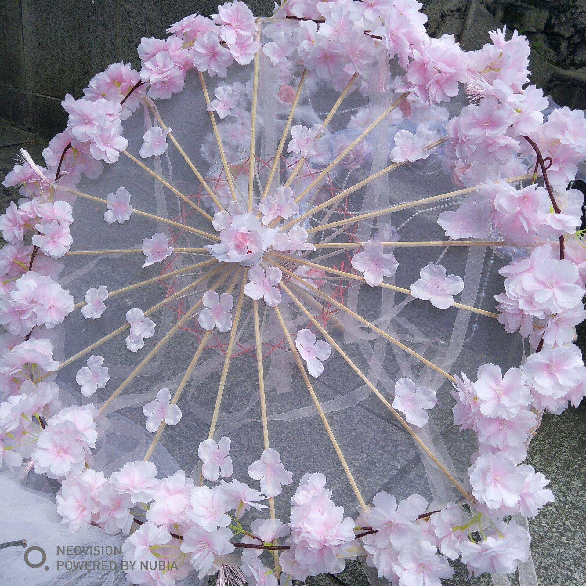 花朵流苏丝带透明绢布汉服COS洛丽塔古装舞蹈走秀摄影道具工艺伞