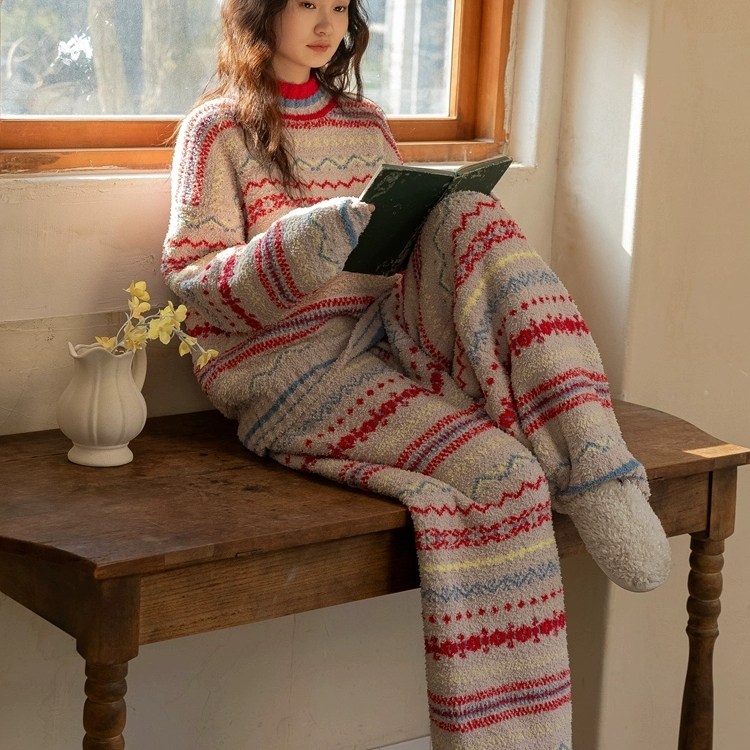 韩系简约长袖长裤半边绒睡衣女秋冬2025款条纹家居服甜美套装外穿,女士内衣/男士内衣/家居服,睡衣/家居服套装,淘宝优惠券,粉丝福利购,淘宝优惠卷