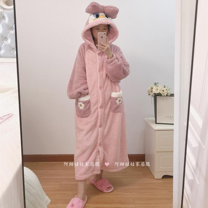 秋冬季睡袍女珊瑚绒加厚保暖可外穿可爱学生法兰绒家居服长款套装