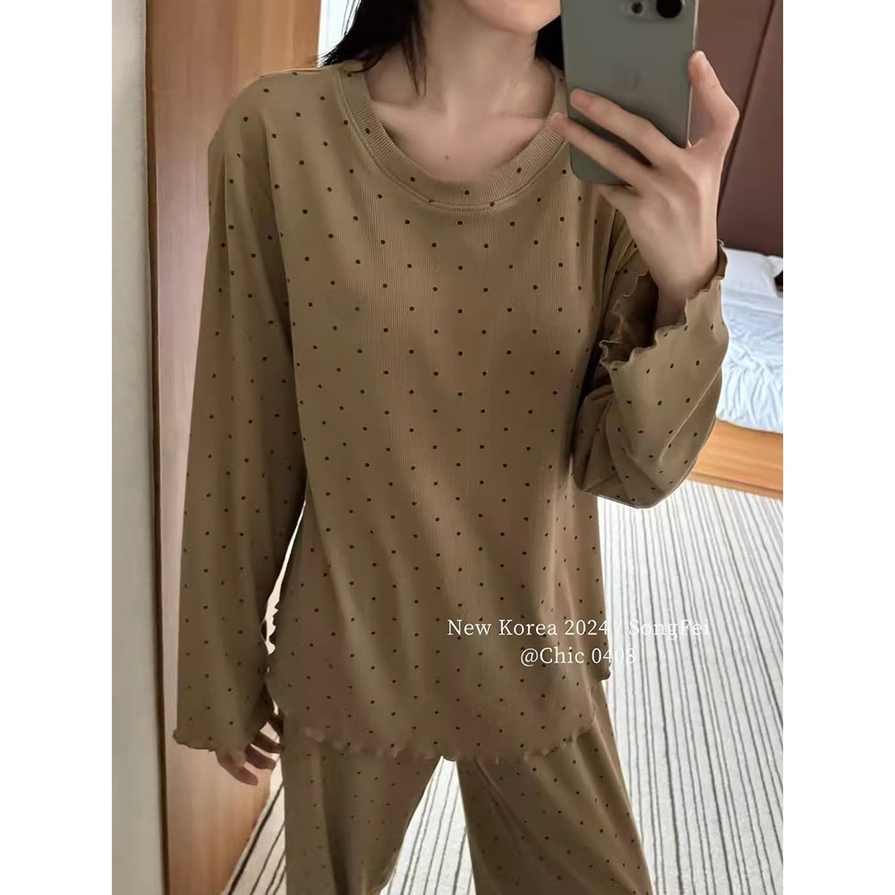 韩版纯色德绒睡衣女士秋冬款加厚亲肤休闲宽松圆领家居服甜美套装