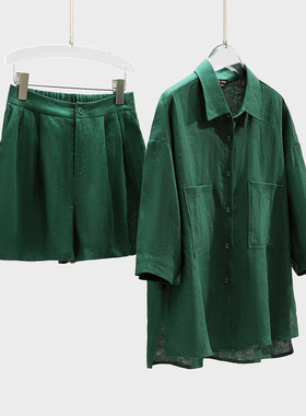 减龄显白yyds！！100%亚麻衬衫短裤套装女春夏高端五分袖黄色防晒