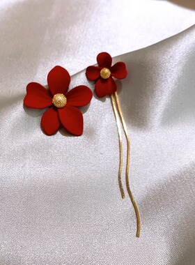 Classy key新加坡设计师联名款流苏花朵耳环轻奢耳饰小众红色耳钉