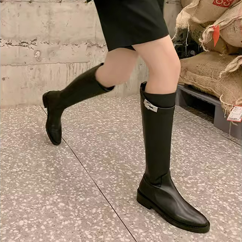 Classy key新加坡设计师联名款黑色战靴！长筒靴女粗腿高筒