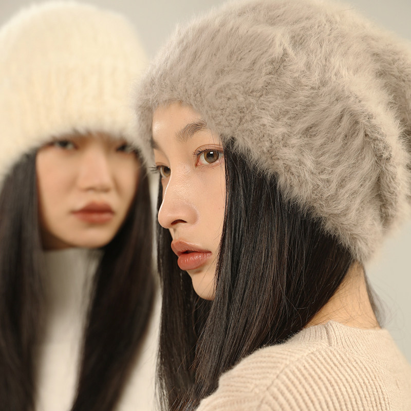 Classy key新加坡设计师联名款秋冬兔毛毛线帽女白色大头围